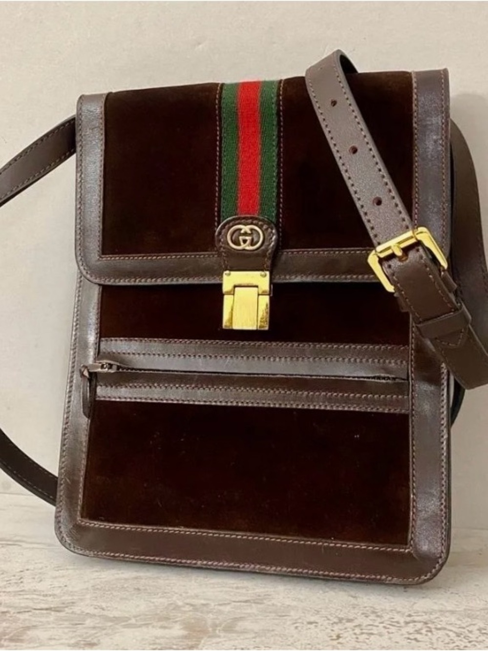 Vintage Gucci Parfums Brown Suede & Leather Shoulder Bag with Sherry Line Stripe - Picture 2 of 13